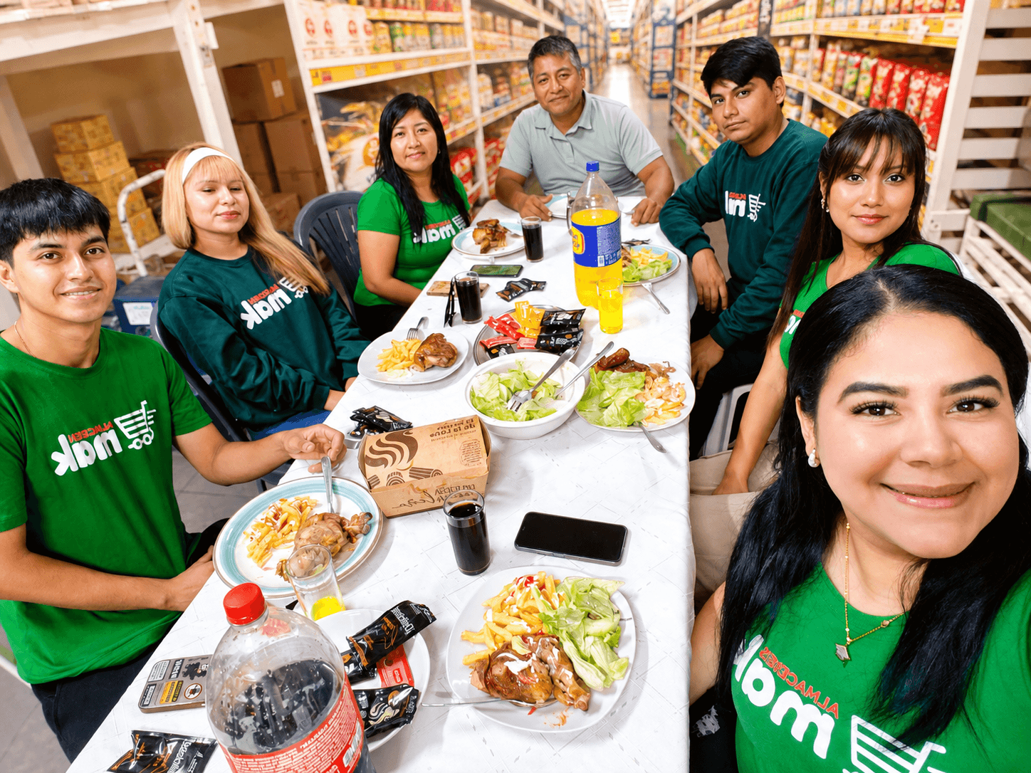 Equipo de Almacenes MAK compartiendo un almuerzo en la tienda de Comas